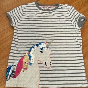 Mini Boden Blue and White Striped Flip Sequins Rainbow Bee Shirt ( Blemish)